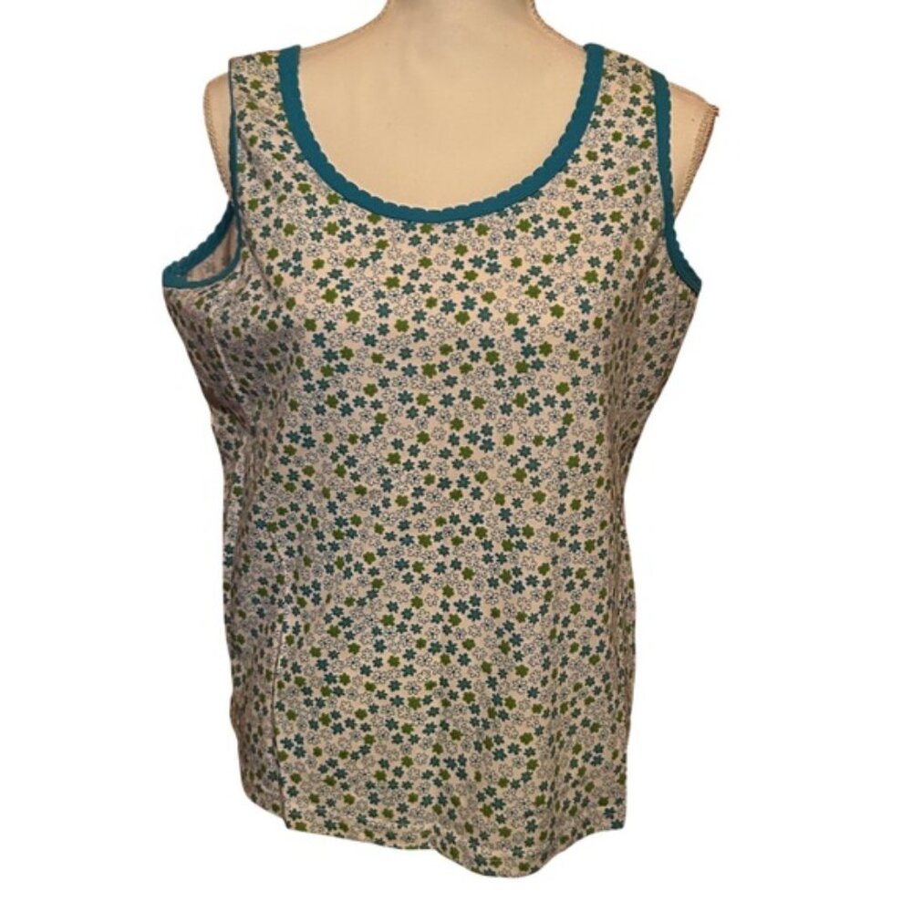 Vintage Grannycore Floral Tank Top Turquoise Trim Sleeveless Boxy Relaxed Cozy